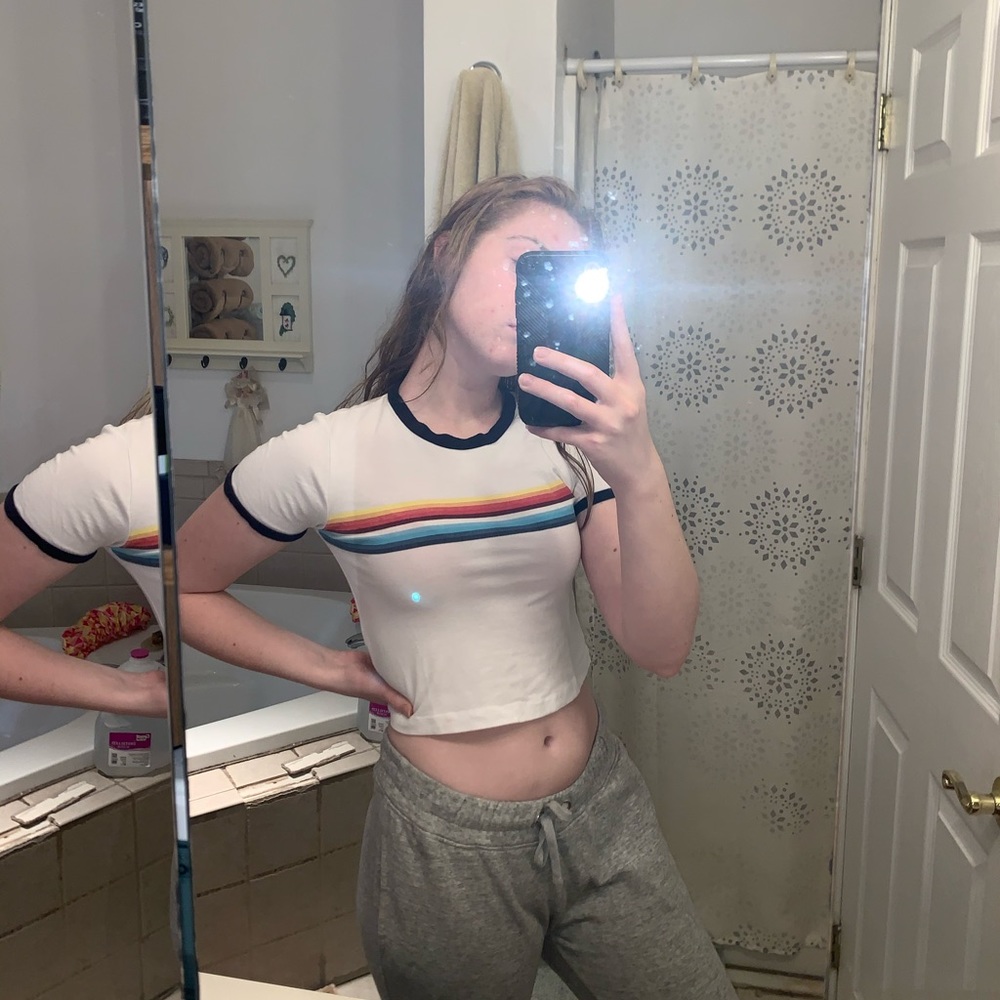 White crop top with rainbow strip